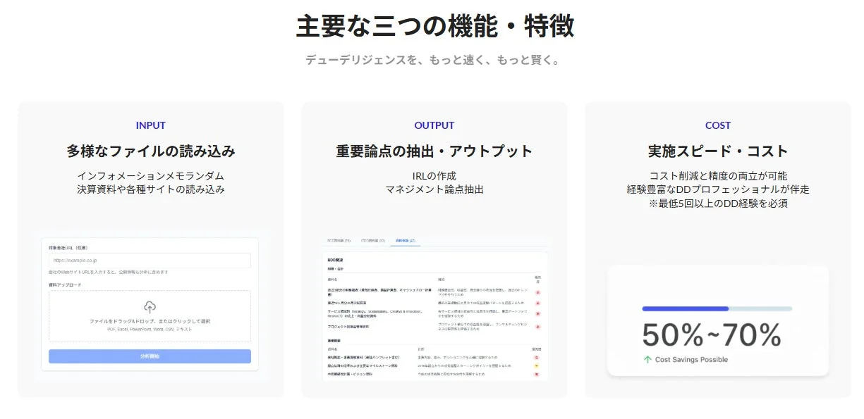 デューデリジェンスの主要な三つの機能・特徴