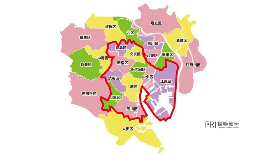 東京23区の行政区分図 (太枠内が市場の歪みを示すエリア)