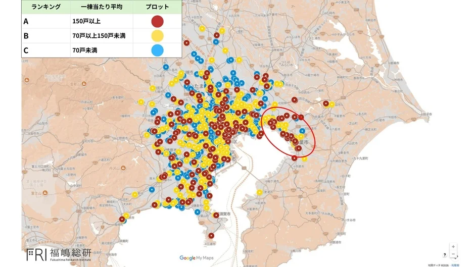 柏市周辺の一棟当たり平均戸数マップ