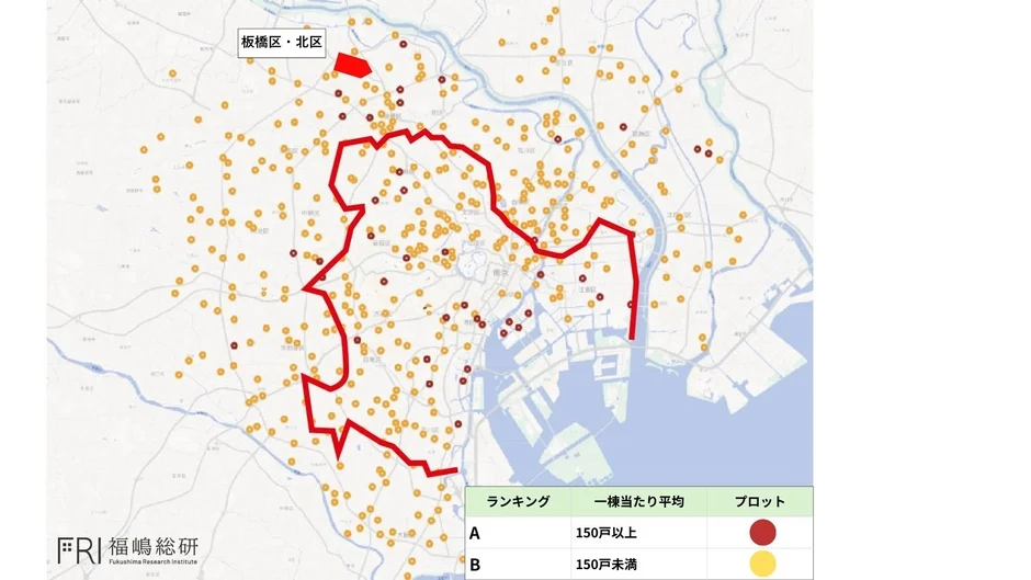 東京の地図上に、一棟あたりの住宅戸数をランク分けしてプロット