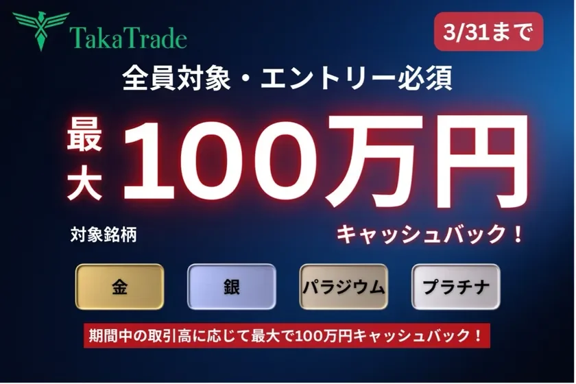 TakaTrade 3/31まで 全員対象・エントリー必須 最大100万円 キャッシュバック! 対象銘柄 金 銀 パラジウム プラチナ 期間中の取引高に応じて最大で100万円キャッシュバック!