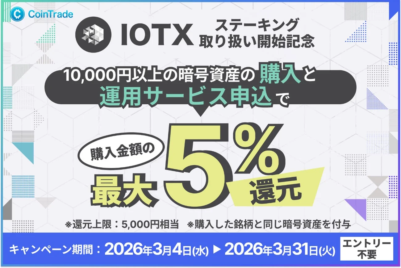 CoinTrade IOTX ステーキング 取り扱い開始記念 10,000円以上の暗号資産の購入と運用サービス申込で 購入金額の 5% 最大 還元