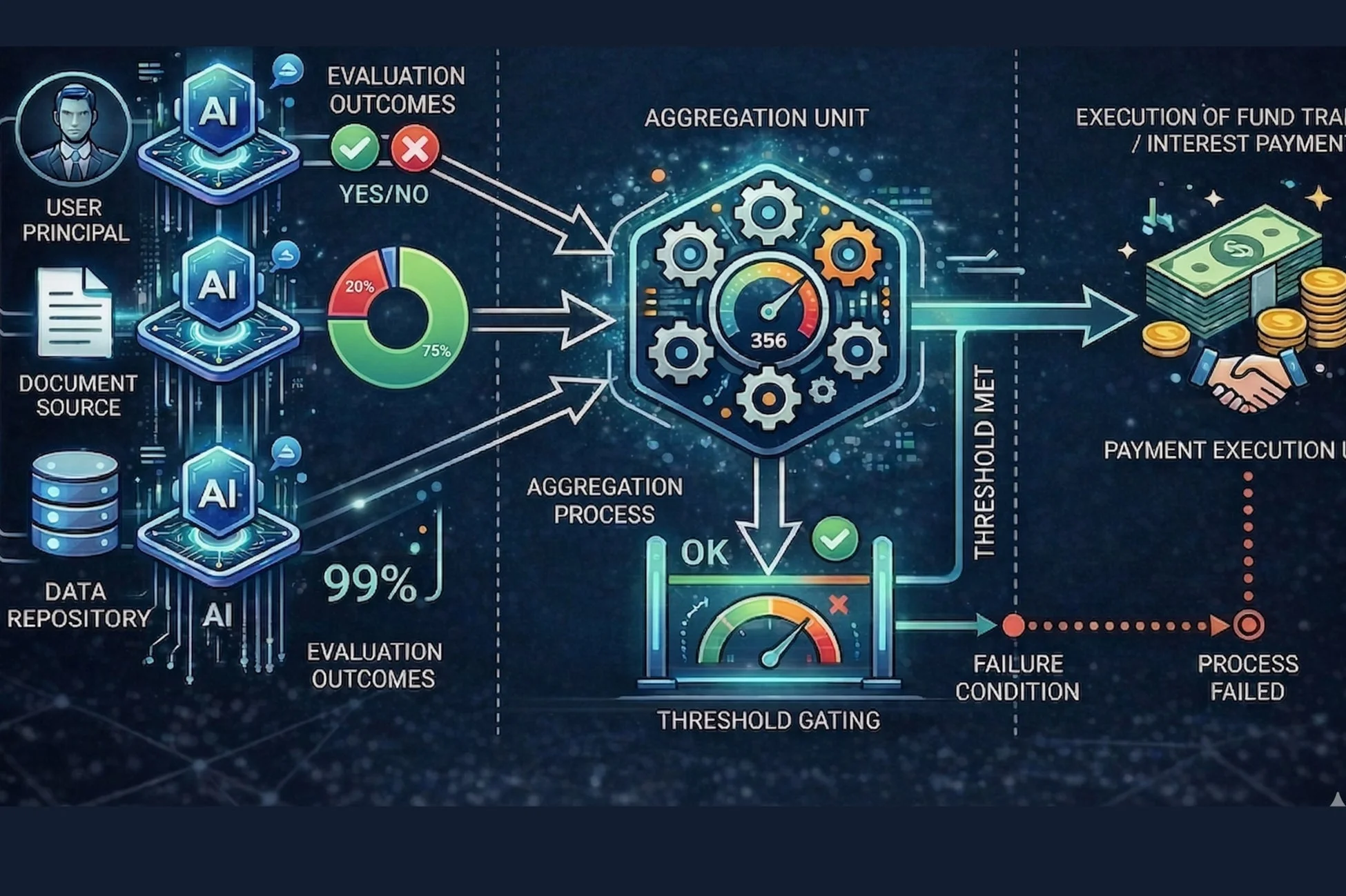 AIを活用した金融取引または支払い処理のフロー図