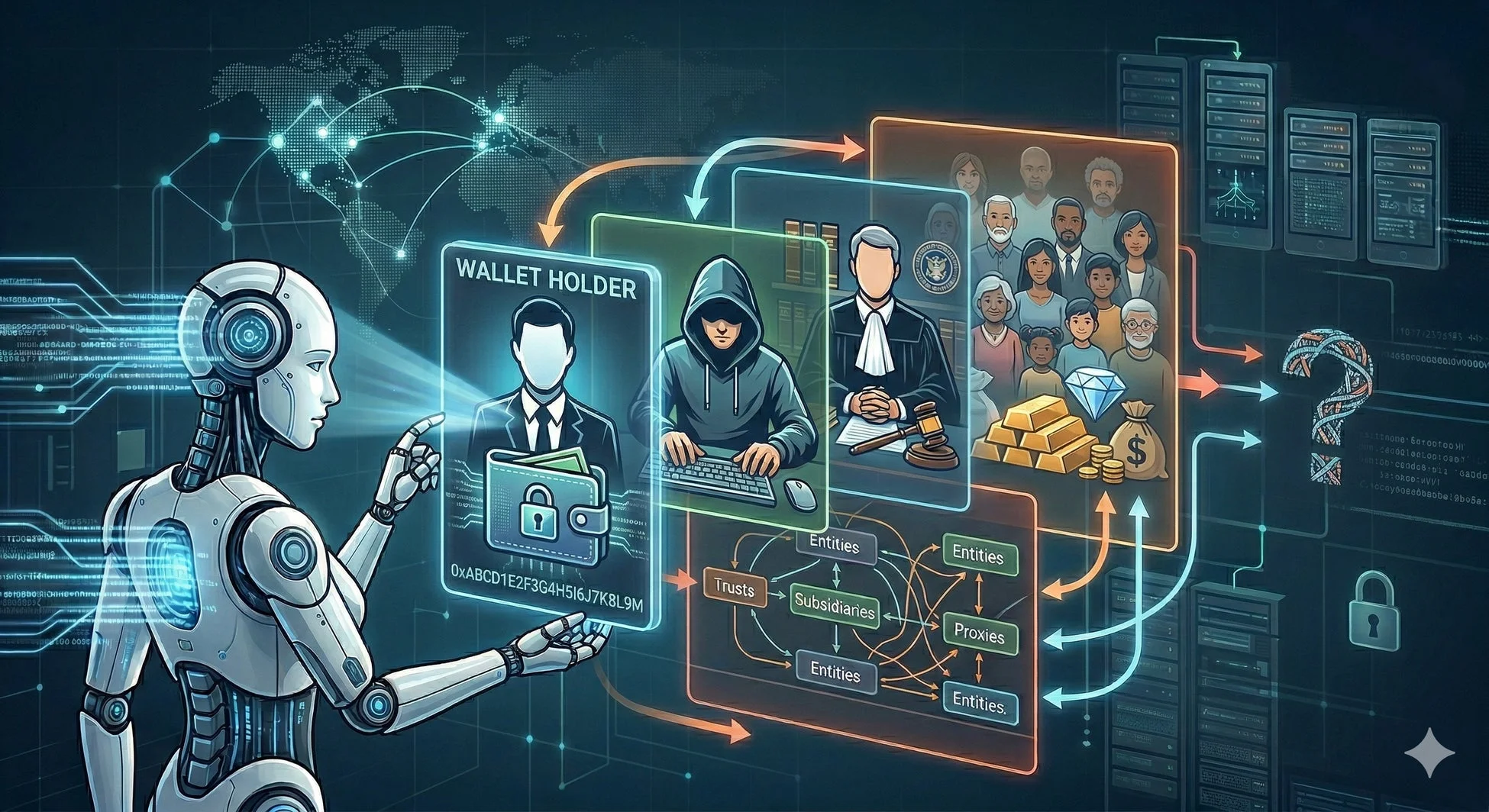AIがデジタルウォレット、ハッカー、司法、多様な人々や資産を含む複雑なシステムを分析する様子