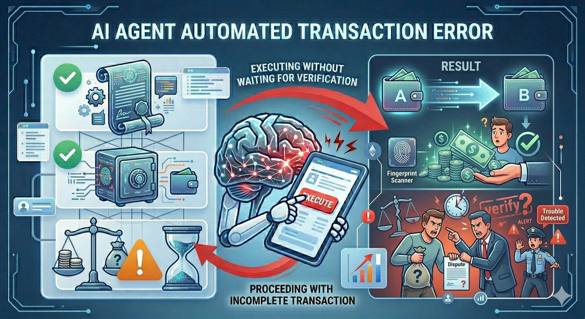 AIエージェントによる自動取引が、検証を待たずに不完全なまま実行された結果、金銭的なエラーや紛争が発生する様子