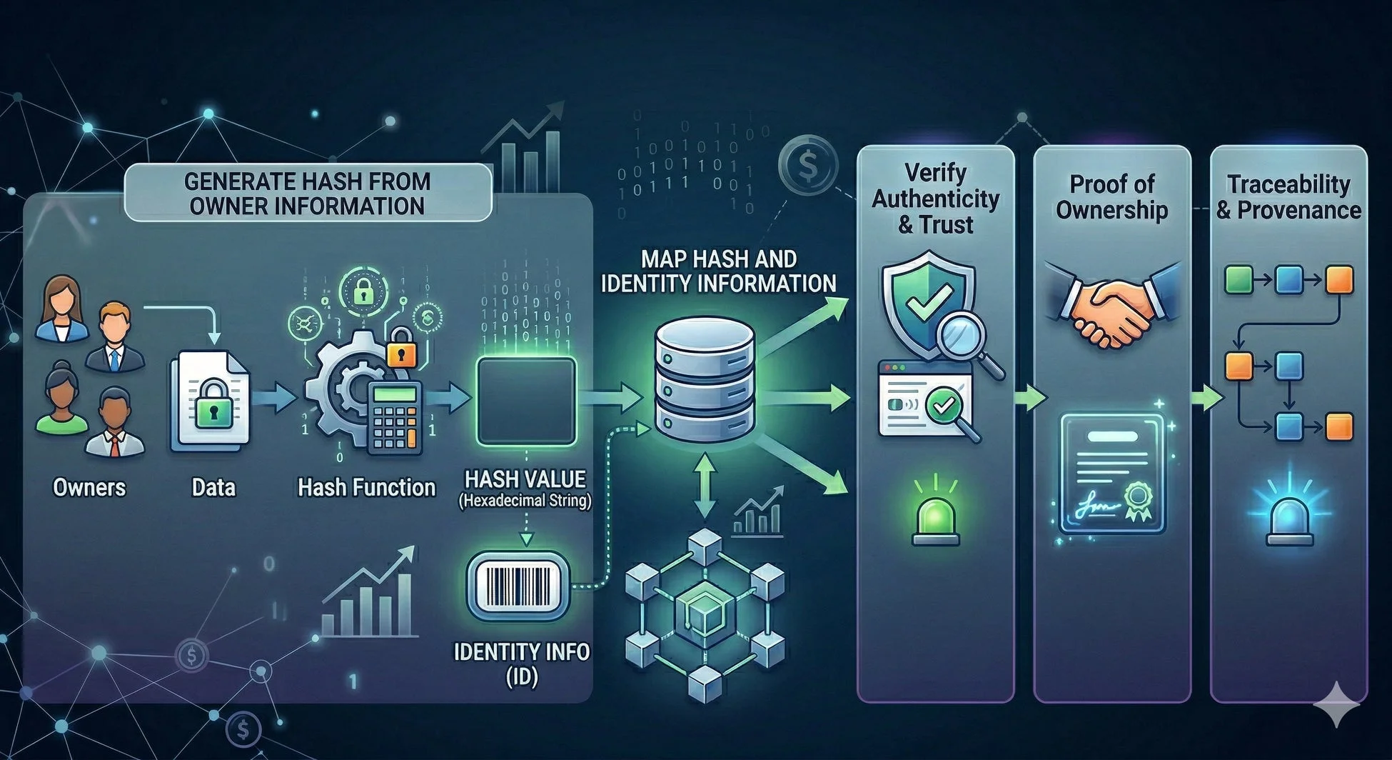 所有者情報からハッシュを生成し、IDとマッピングすることで、データの真正性、所有権の証明、トレーサビリティを確保するプロセス