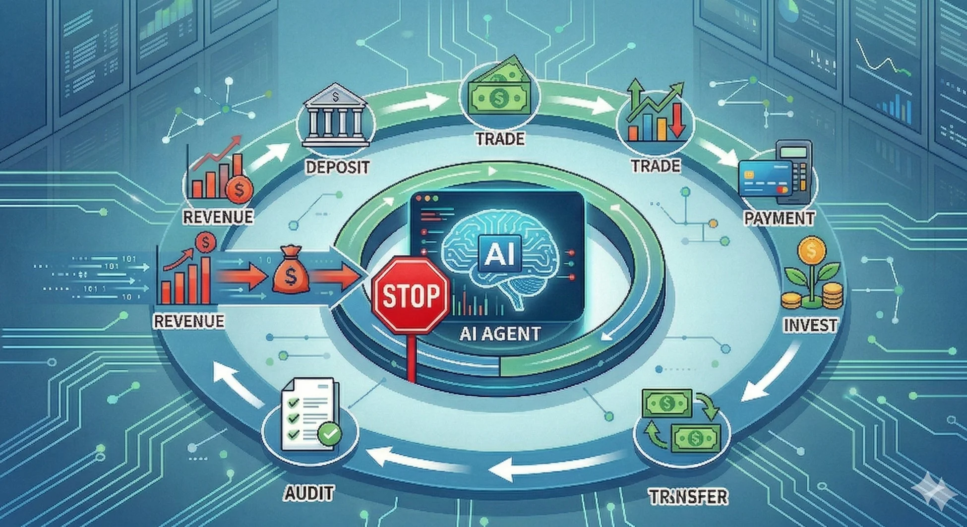 AIエージェントを中心に、預金、取引、支払い、投資、送金、監査、収益といった金融・ビジネスプロセスが循環する様子