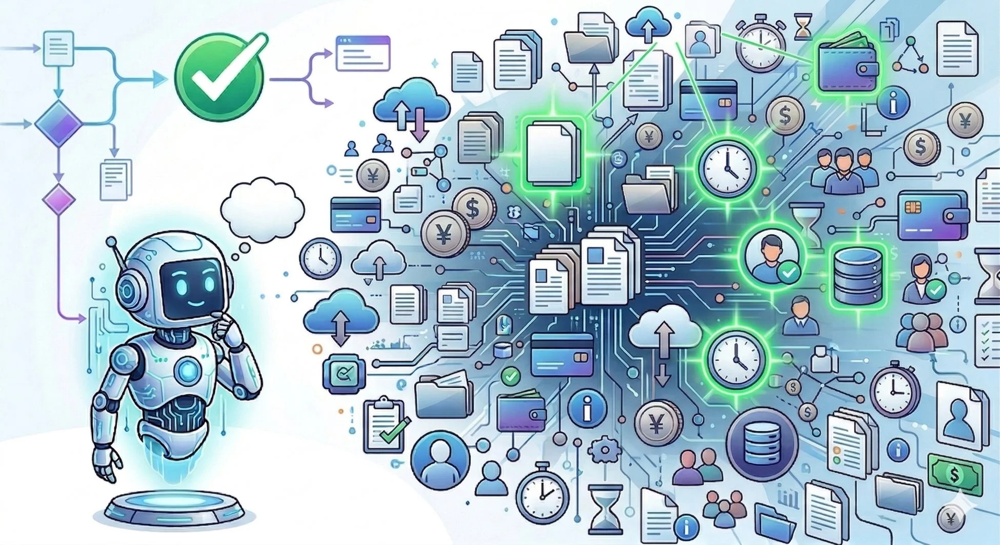 ロボットが複雑なデータフロー、文書、金融情報、ユーザー、およびプロセスを管理する様子