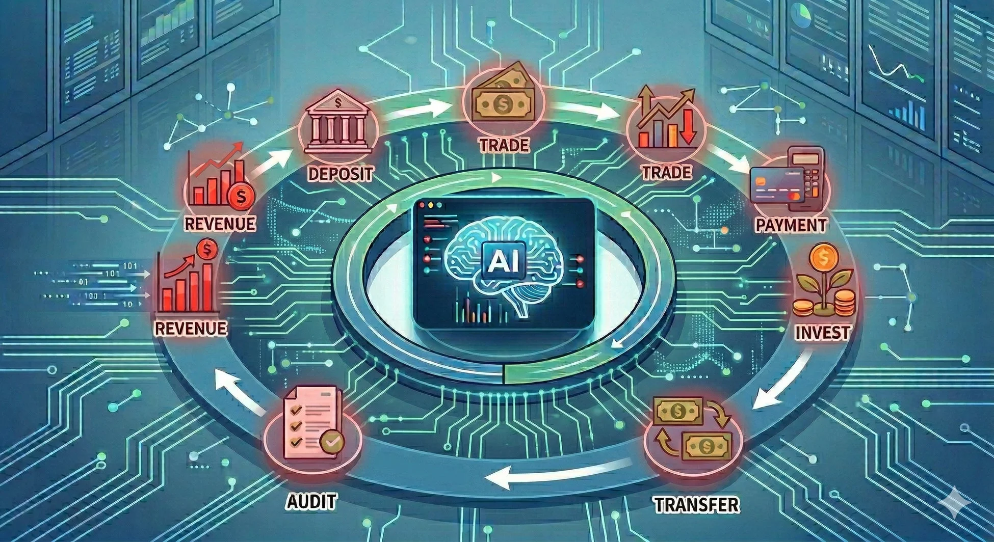 AIを中心とした金融エコシステムを表す図で、預金、取引、収益、支払い、投資、送金、監査といった一連の金融プロセスがデジタル回路で接続されている様子