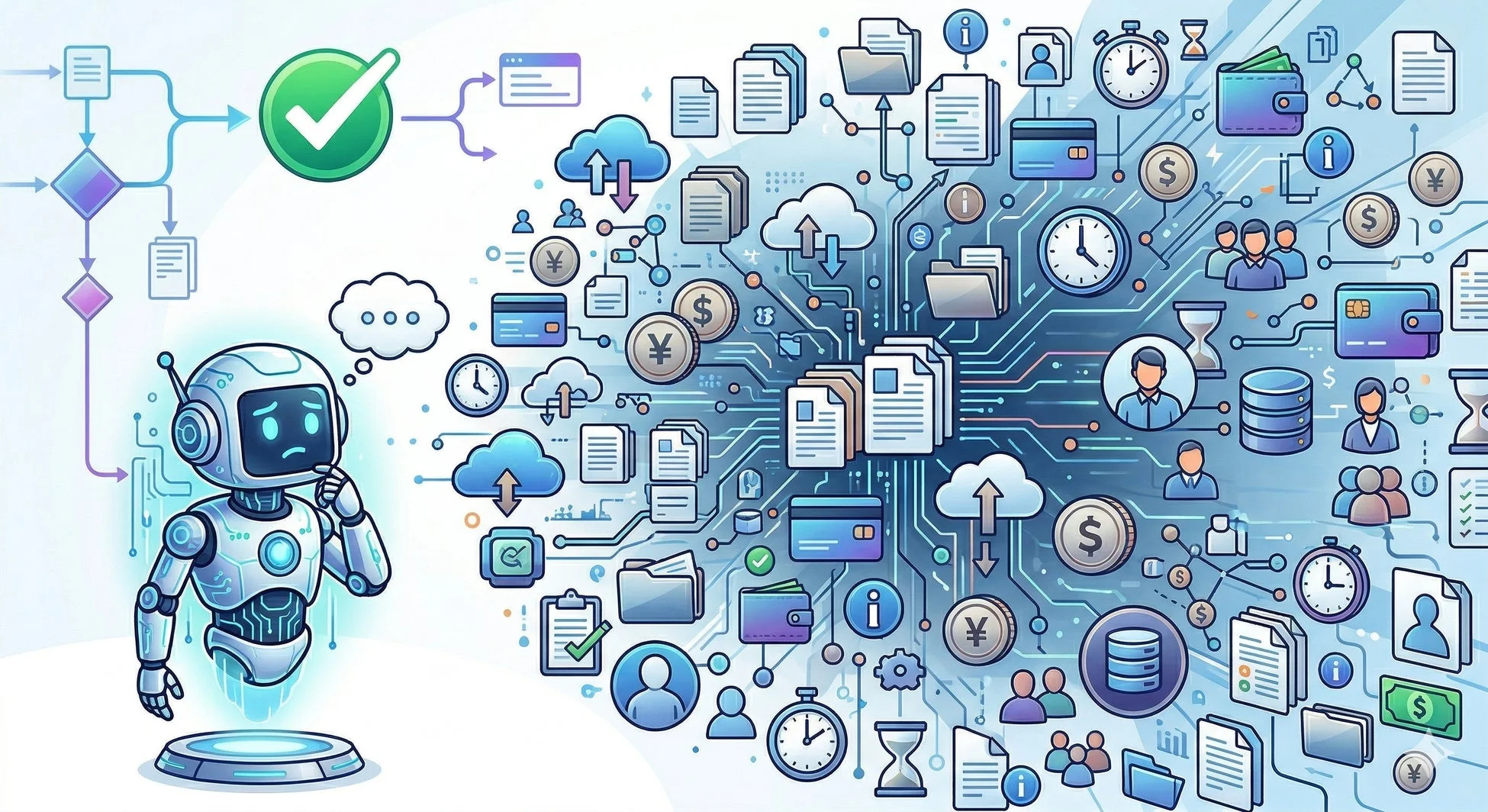 思考するロボットを中心に、データ、クラウド、金融、時間、人物などのデジタルアイコンが複雑に絡み合うネットワーク